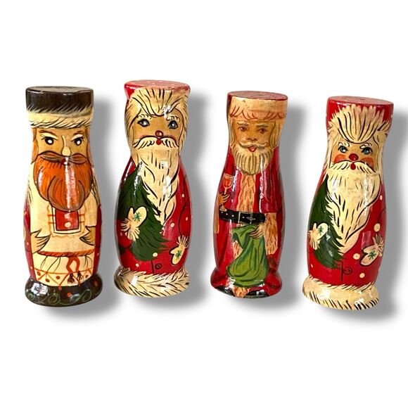 Vintage Russian Folk Art Santas 3.25” Wood Christmas Collection Set of 4 - Picture 1 of 9